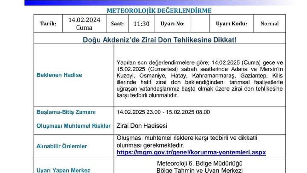 DOĞU AKDENİZ BÖLGESİ'NDE ZİRAİ DON TEHLİKESİ UYARISI