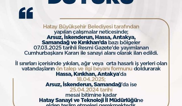Hatay’da 6 bölge sanayi alanı ilan edildi