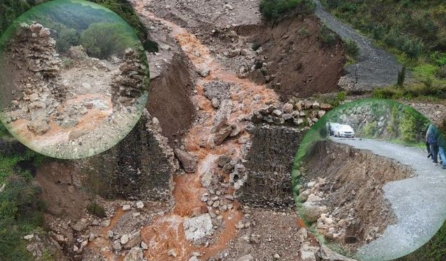 Aşırı yağışla birlikte derenin artan debisi köprüyü yıktı, yolda çökmeye neden oldu
